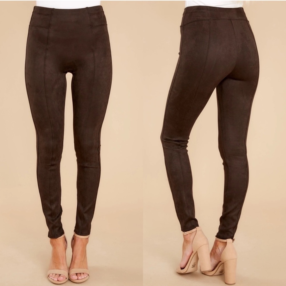 Spanx Chocolate Brown High Rise Faux Vegan Suede Shaping Leggings M Tall